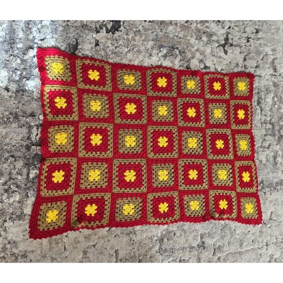 Handmade Granny Square Crochet Blanket Red Yellow & Brown 55"x 37" Retro Vintage - Picture 2 of 4